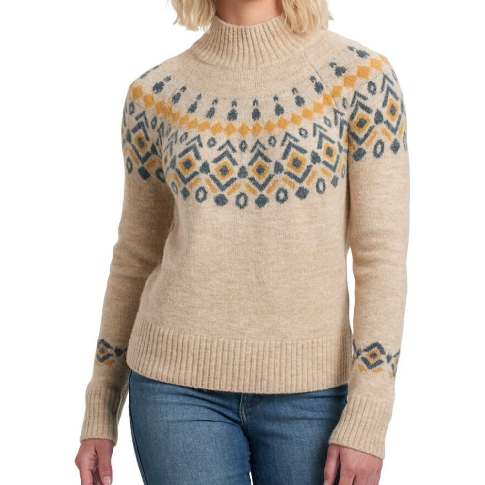 EUC Kühl Women’s Alpina Sweater Size L Oatmeal Merino Wool Blend Fair Isle Kuhl